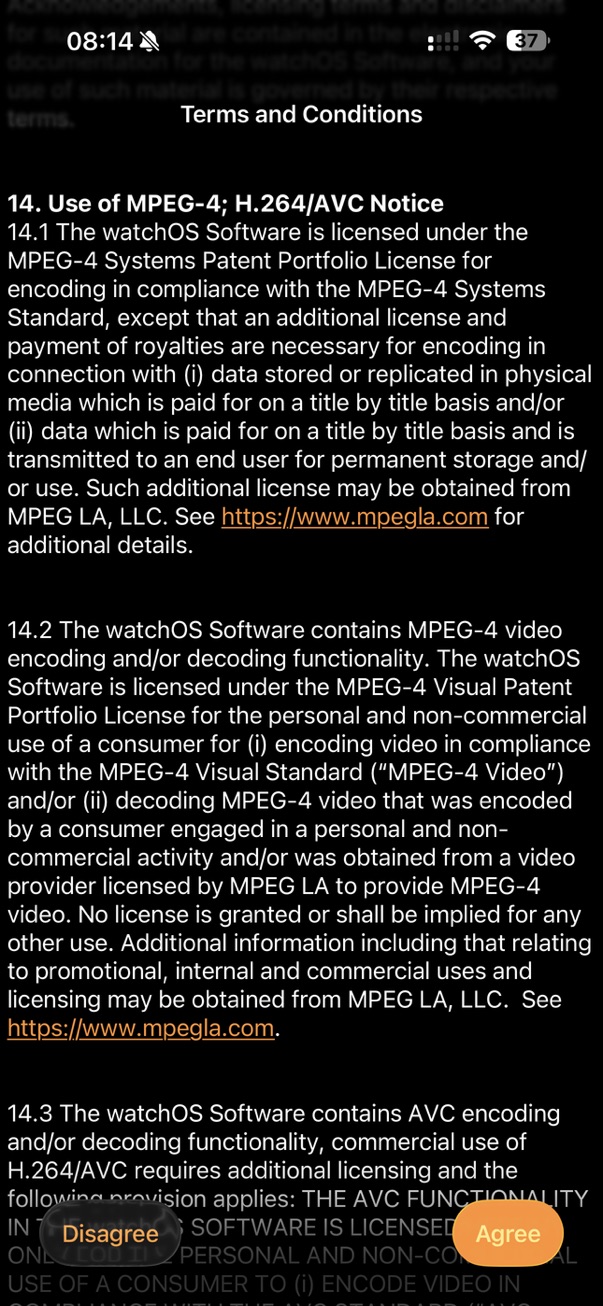Apple Terms & Conditions showing MPEG-4 license