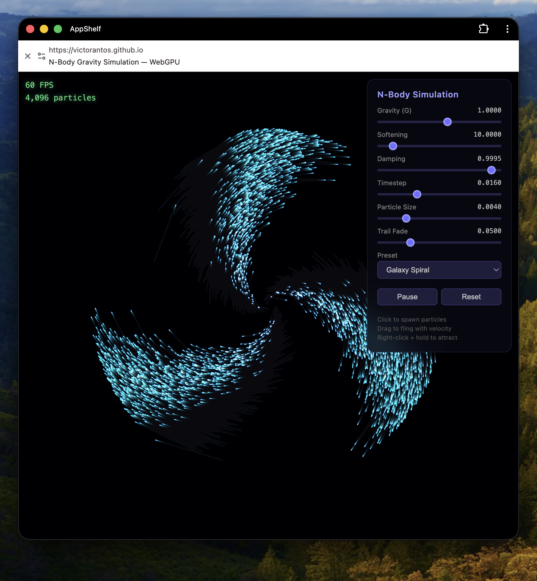Gravity Simulation launched from AppShelf on macOS