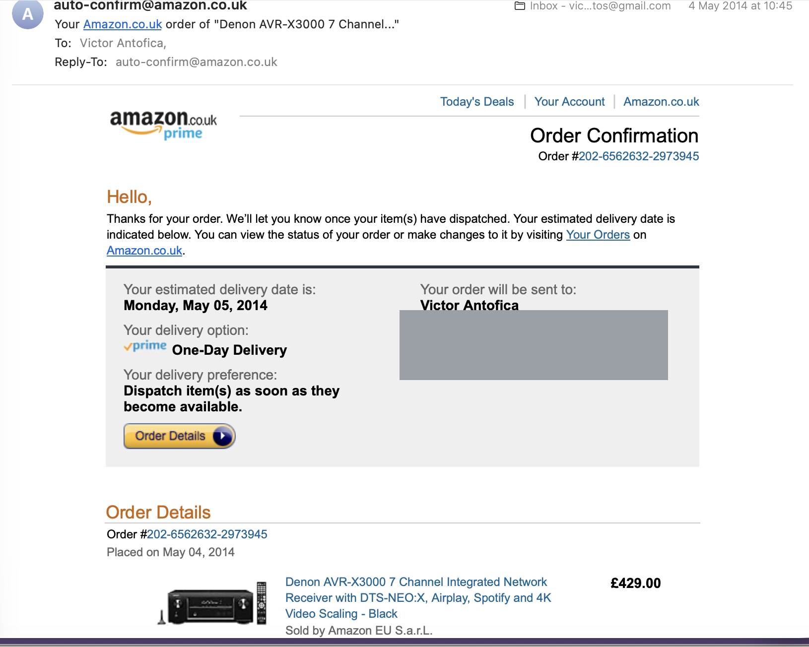 Amazon order confirmation, 4 May 2014: Denon AVR-X3000, £429.00, one-day delivery